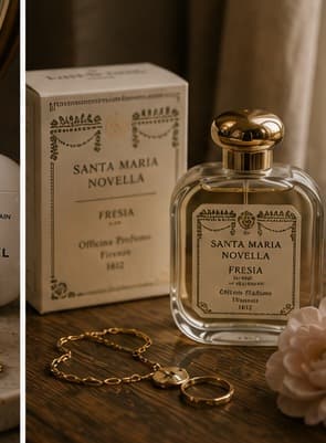A boxed and unboxed bottle of Santa Maria Novella Fresia perfume beside a gold bracelet, a ring and a single flower.