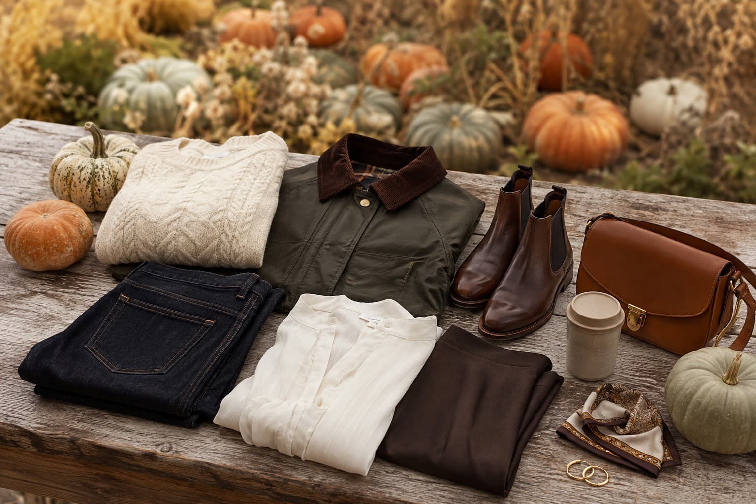 A curated autumn wardrobe with an ivory knit, dark denim, olive barn jacket, brown trousers, Chelsea boots and a leather bag arranged beside a pumpkin patch.