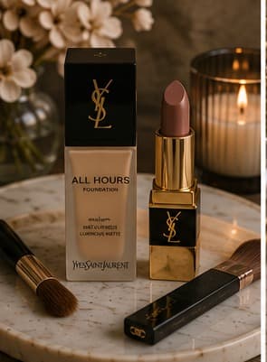 Yves Saint Laurent All Hours foundation, a YSL lipstick and makeup brush, arranged beside a lit candle on a marble tray.