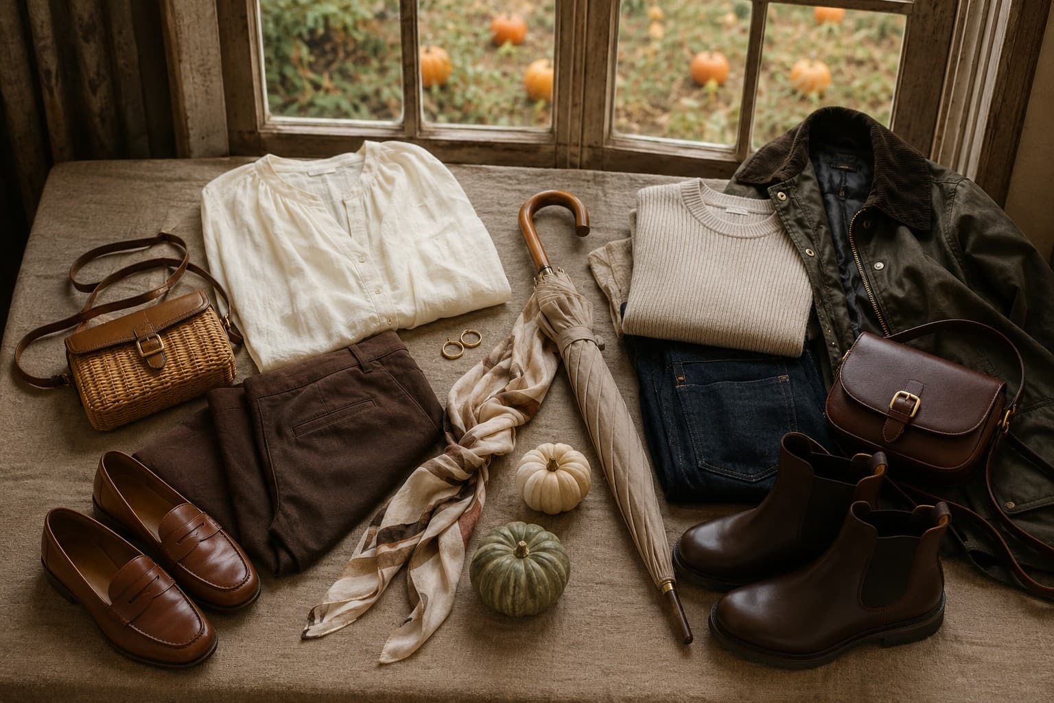 Warm-weather and rain-ready pumpkin patch outfits arranged side by side, with a voile blouse, brown trousers, loafers, knitwear, dark denim, wax jacket and Chelsea boots.