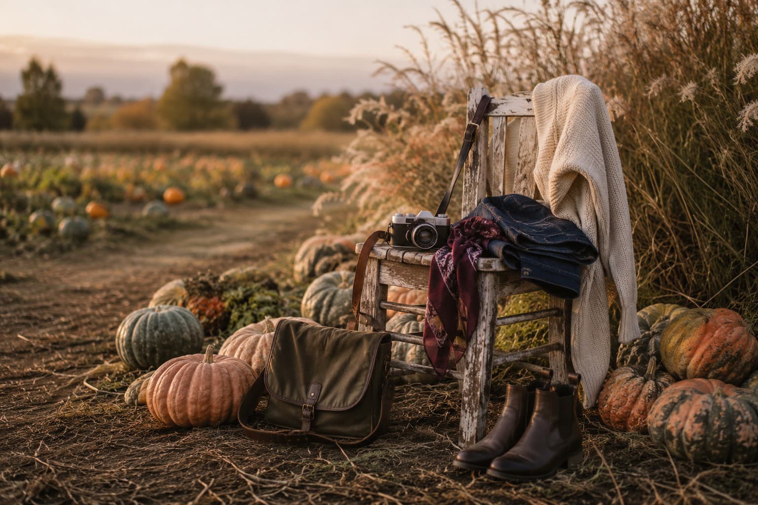An ivory knit, dark denim, burgundy scarf, olive bag, brown boots and vintage camera arranged on a wooden chair in a pumpkin patch at golden hour.