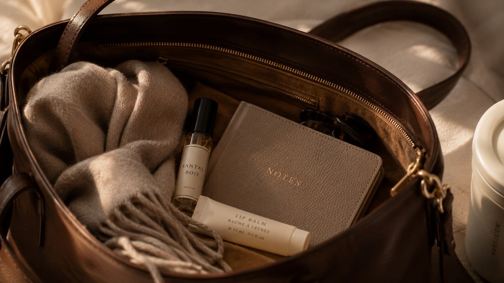 A protected perfume mini, lip balm, scarf and notebook arranged inside an everyday bag.