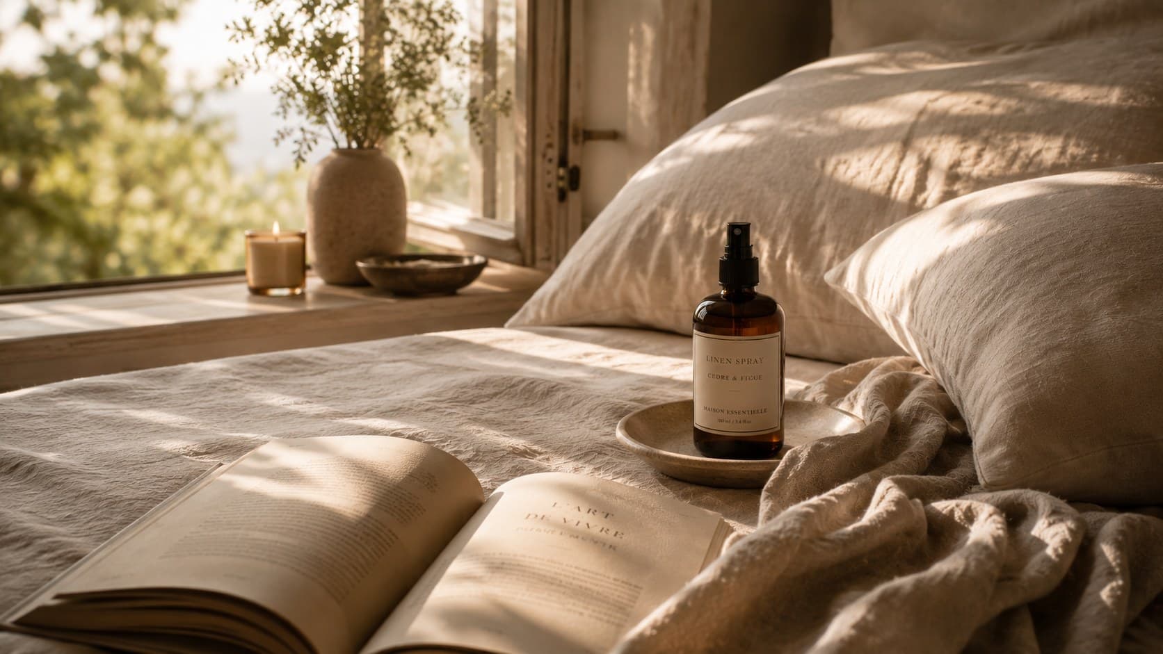 Linen mist, an open book and soft bedding beside an open window.