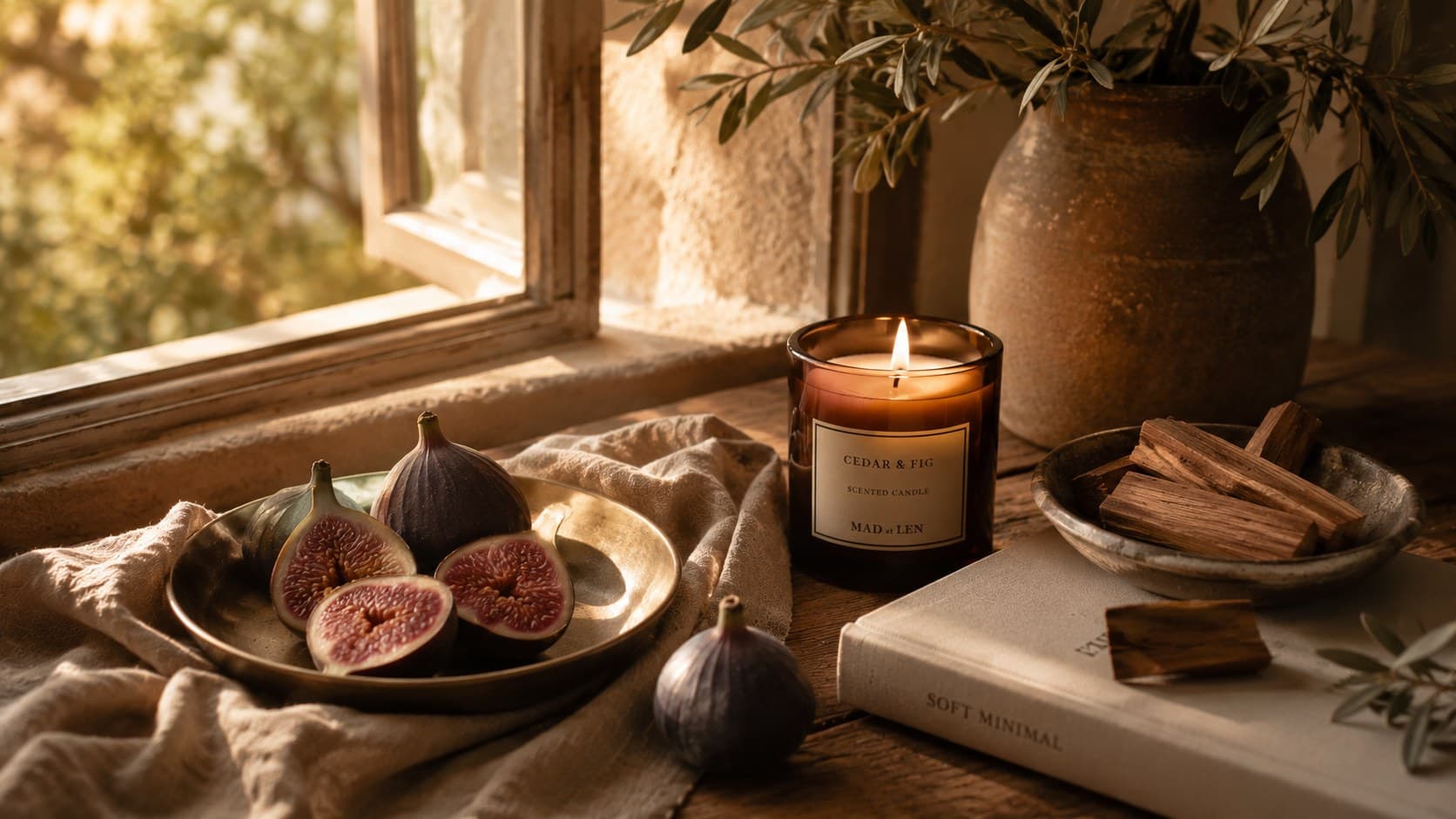 Figs, a candle and cedar beside an open window in warm late-summer light.