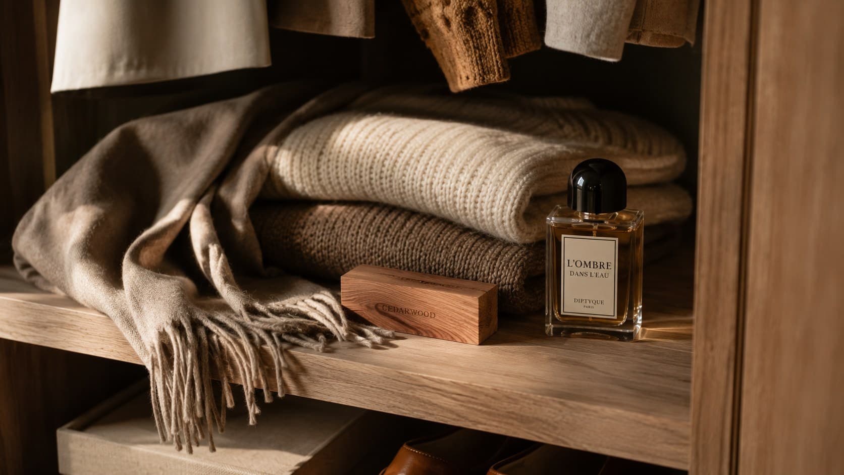 A cedar block, fine knit, scarf and perfume arranged in a warm neutral wardrobe.
