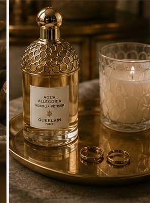 A Guerlain Aqua Allegoria Nerolia Vetiver perfume bottle beside a lit candle and gold rings on a brass tray.