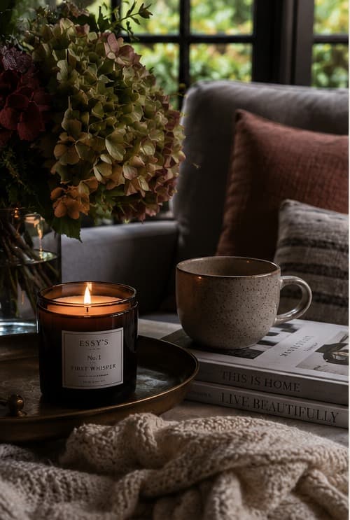 A lit amber candle beside a vase of fading hydrangeas and dusty-rose blooms on a sofa, seen against a window with green summer foliage outside