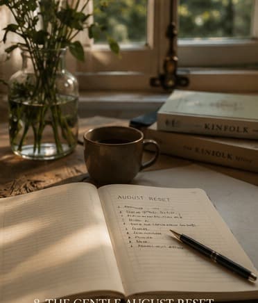 A notebook and pen beside a cup of coffee and a pear on a windowsill, with soft late-summer light and a cardigan nearby