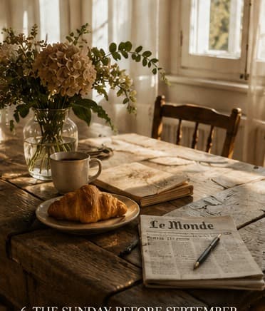 A Sunday breakfast of coffee, a croissant and a small bunch of flowers on a table beside an open window, with a notebook nearby