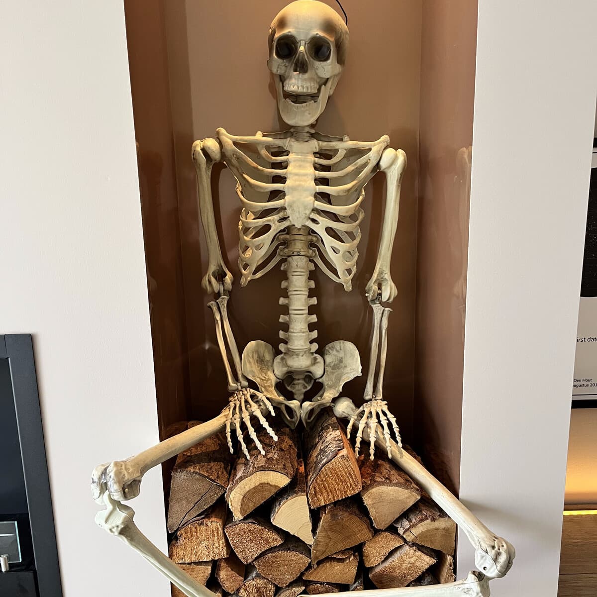 A skeleton sitting on a stacked firewood pile inside an alcove, arms resting on its knees.