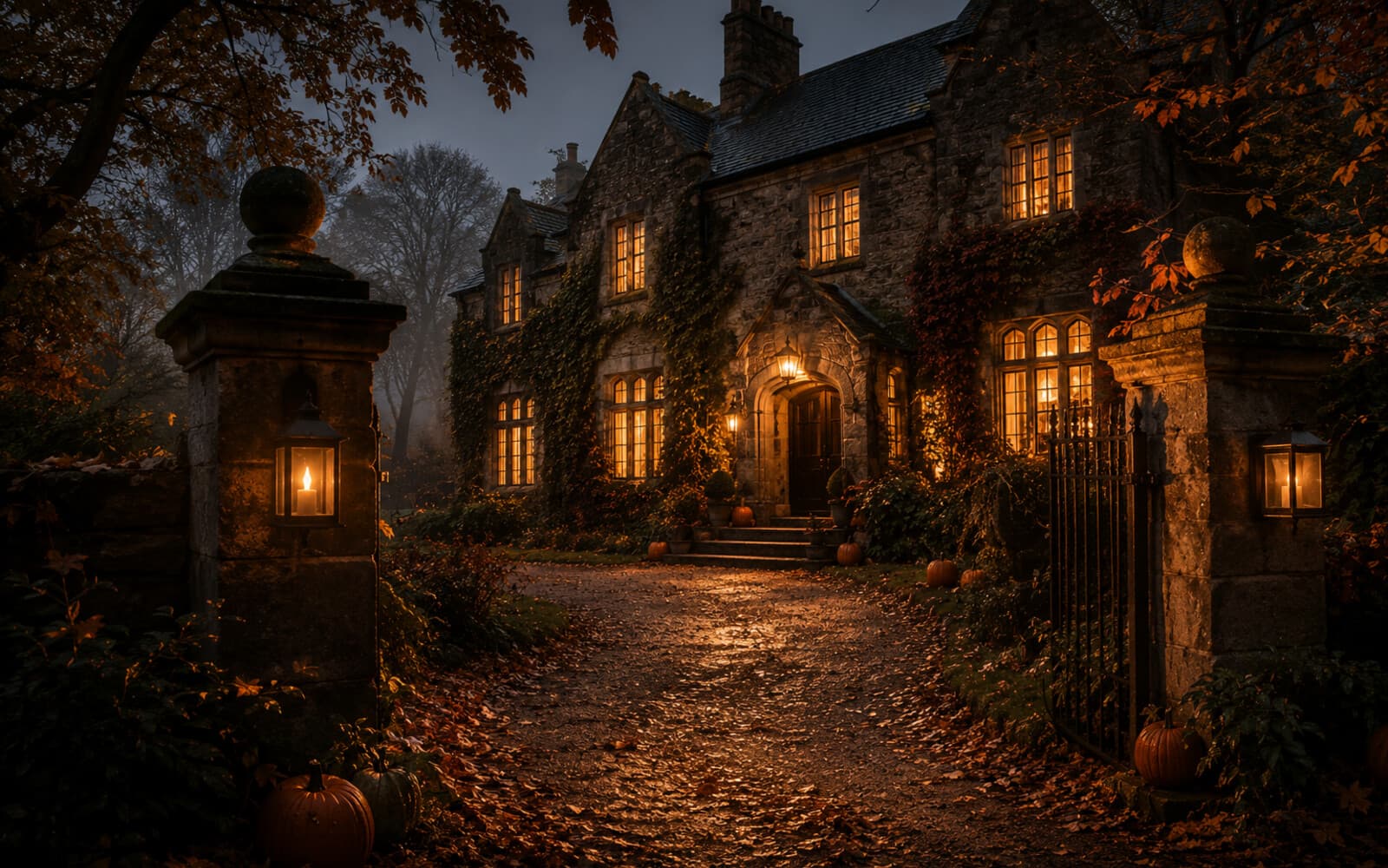 Candlelight and warm darkness at the entrance to Halloween at Amberfell.