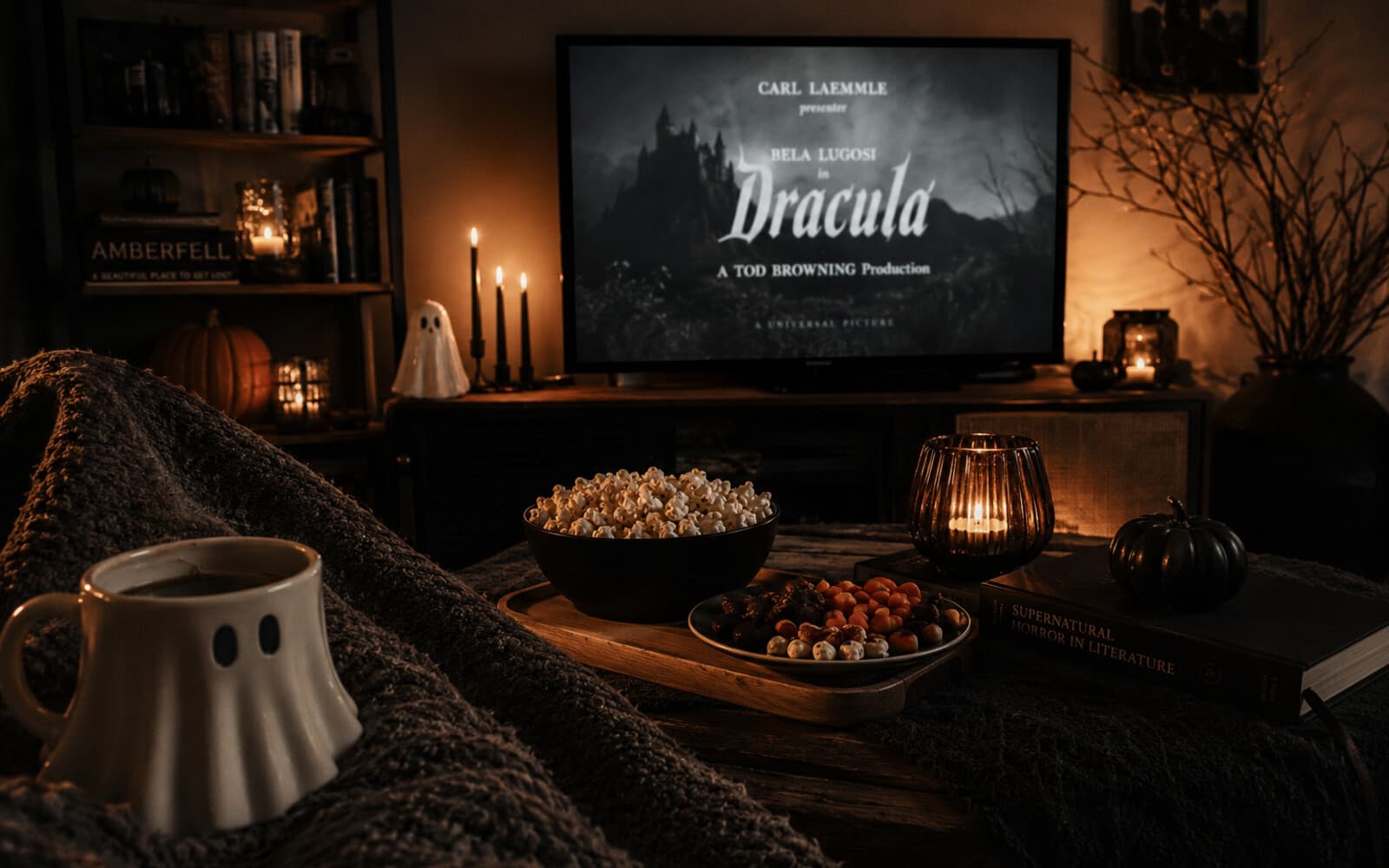 A dark living room set up for movie night — a glowing screen, a blanket and low lamplight.