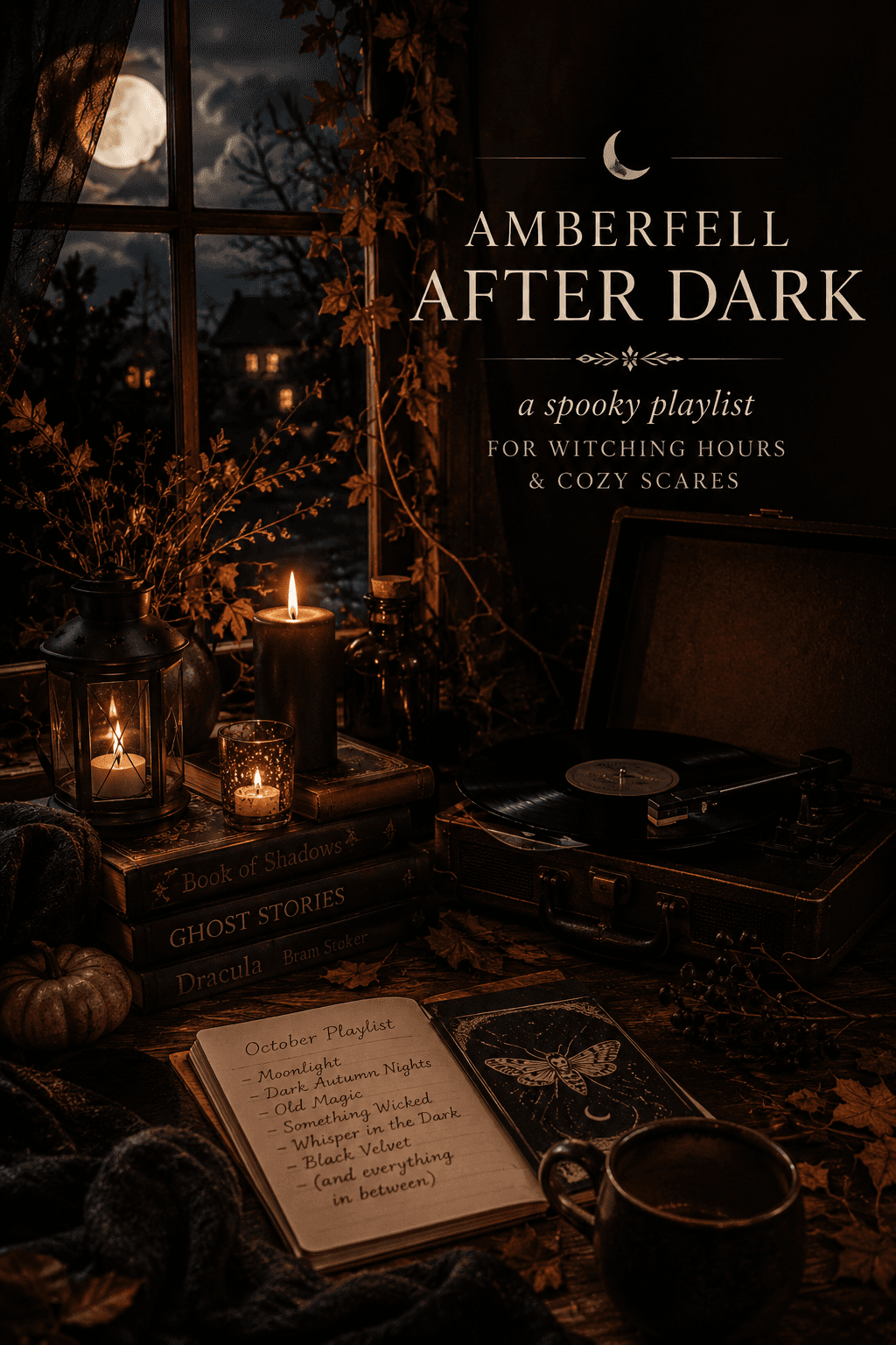 Amberfell After Dark spooky Halloween playlist artwork with candlelight and a vintage record player