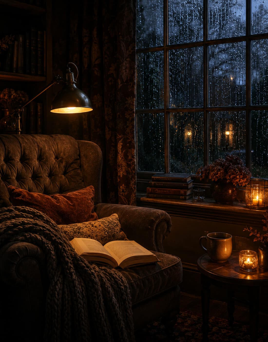 A cosy reading corner at Amberfell - an open book on a velvet armchair, lamplight, and rain streaking a window beyond a stack of books on the sill.