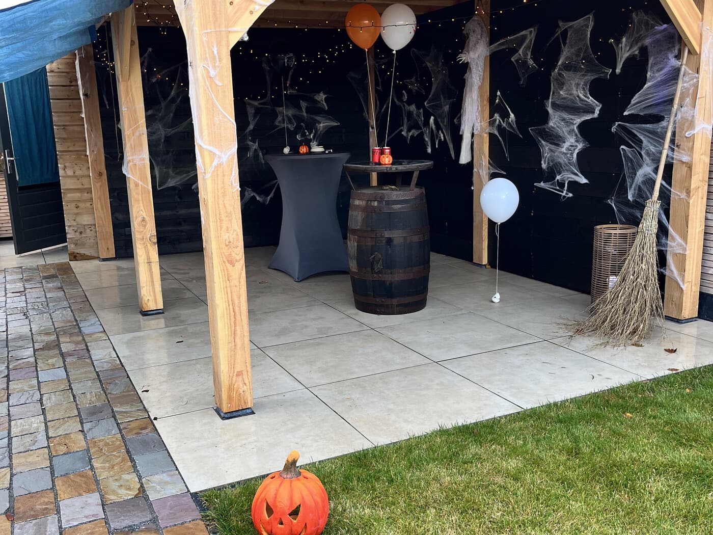 The garden pergola and bar area at Amberfell, dressed for the Halloween party.