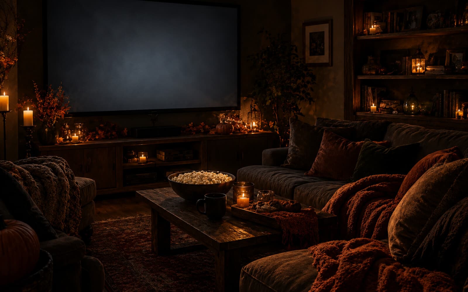 A dark living room set up for a Halloween film night, screen glow and candlelight.