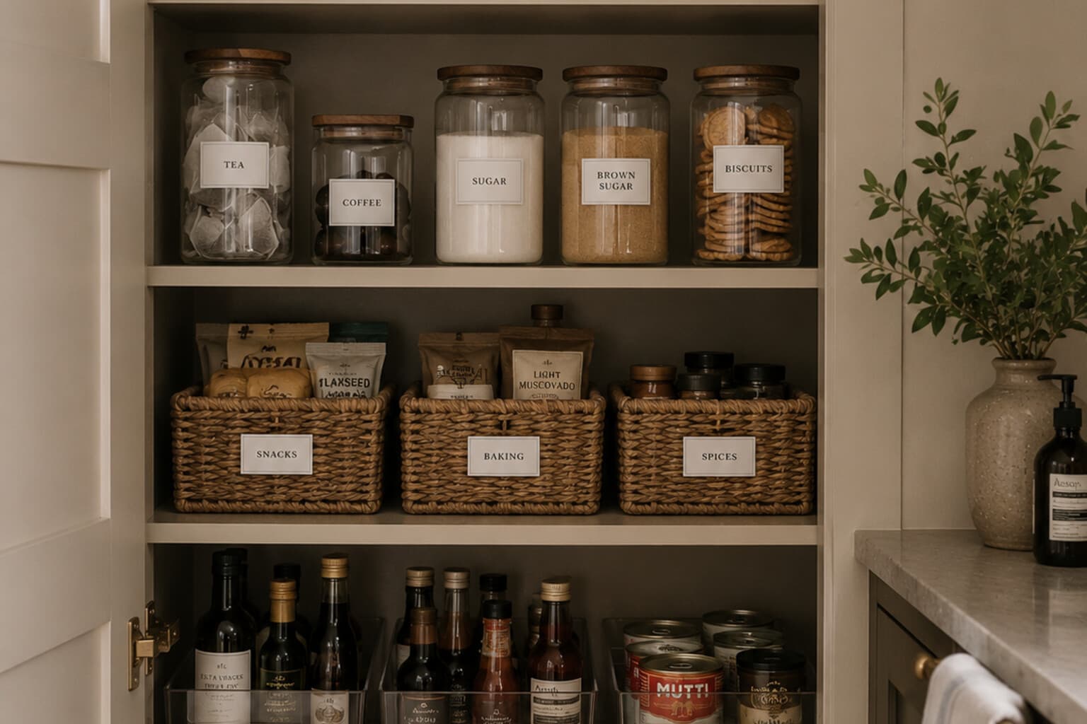 An open cupboard with everyday items stored in clear, labelled sections.
