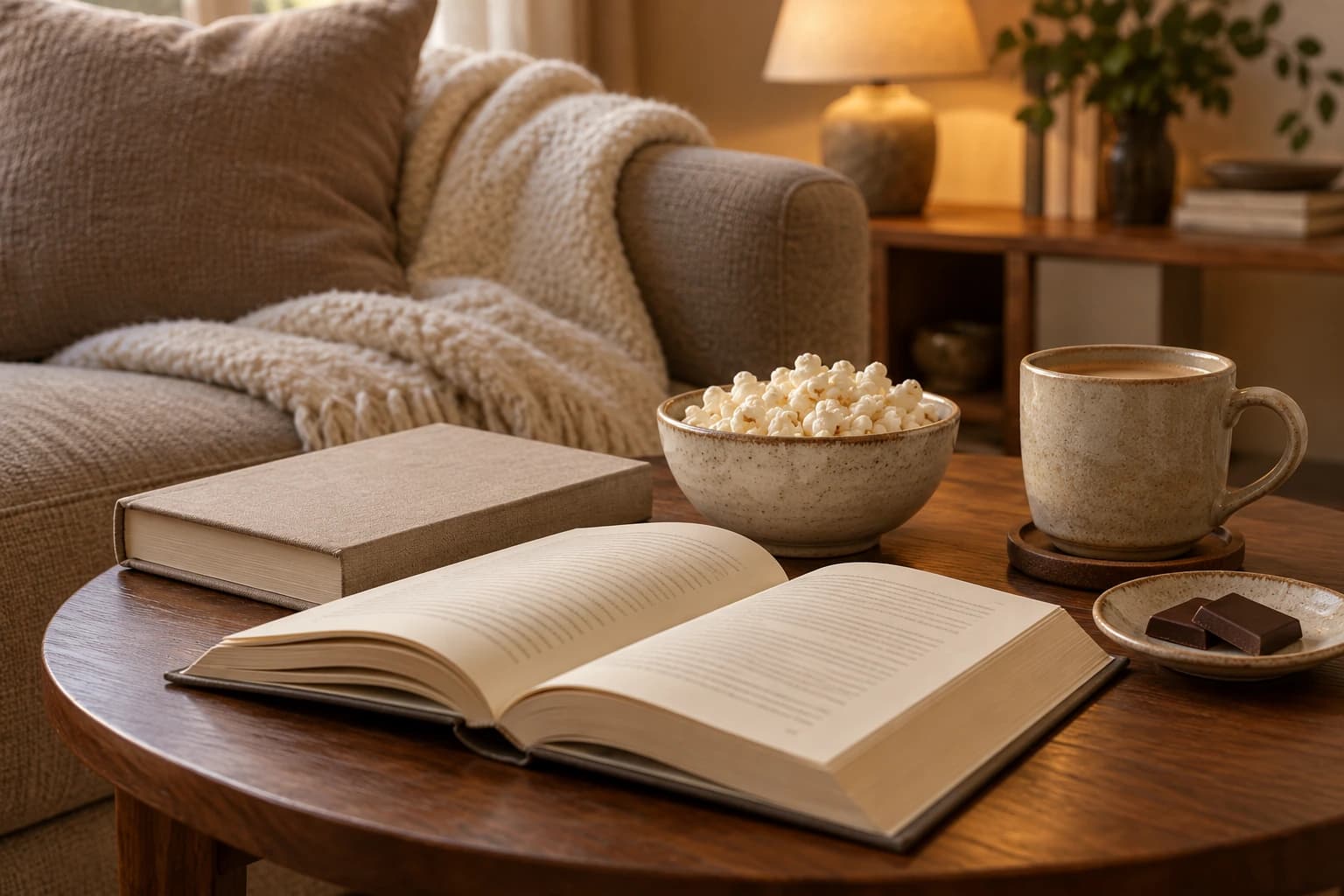 Books, a bowl of popcorn, chocolate and a coffee cup on a wooden table beside a sofa and soft blanket.