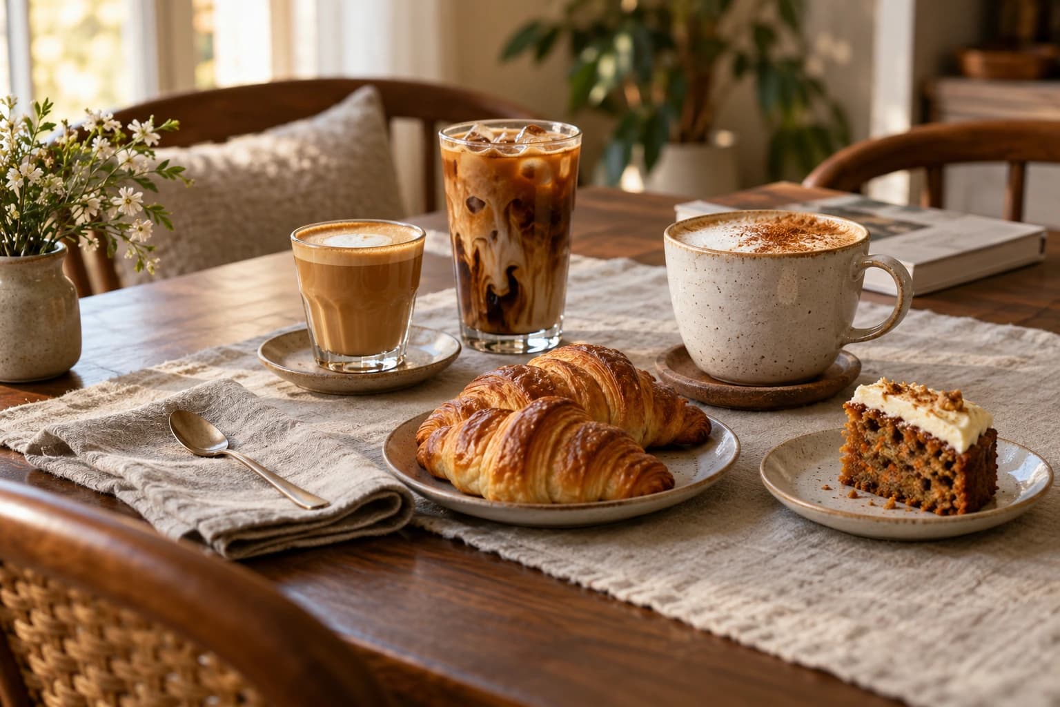 A cortado, iced coffee and cinnamon latte beside flaky croissants and a slice of carrot cake on a linen-covered table.