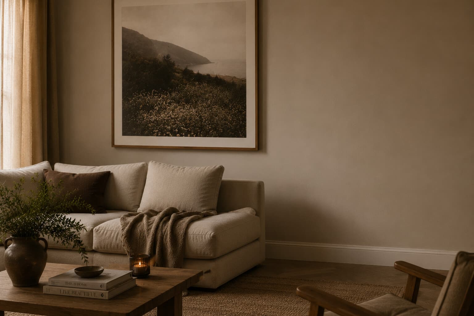 A single large framed artwork hung above a sofa at eye level, with one wall left deliberately empty nearby.