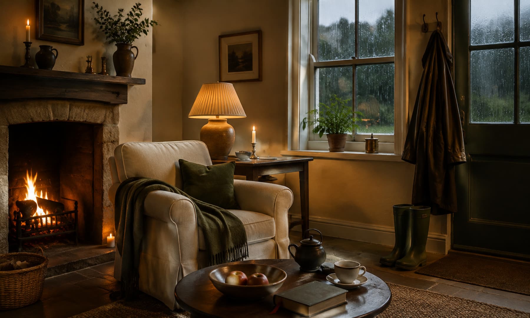 A warm, quietly layered sitting room with wool, wood and restrained autumn details.