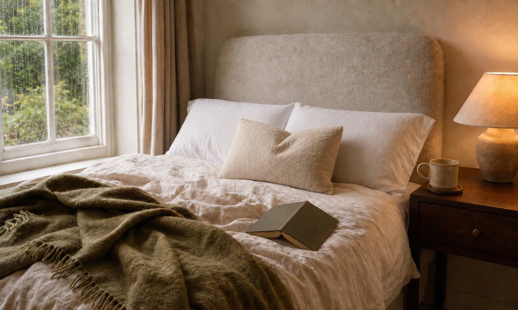 A softly layered autumn bed with rumpled linen, a wool throw and a book in warm morning light.