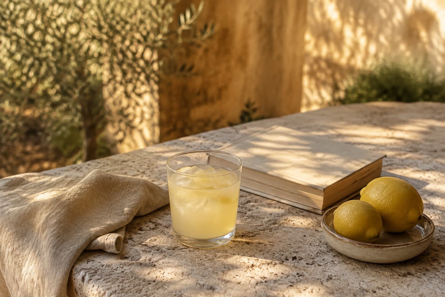 A glass of ice-cold limoncello beside an open book and a small ceramic bowl of lemons, on a sunlit stone table with dappled olive-tree shade and a linen napkin.
