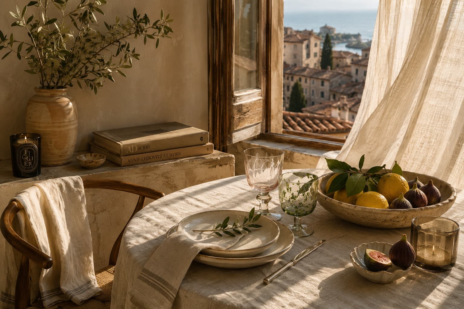 A sunlit Cortelume-inspired room with warm linen, handmade ceramics, elegant glassware, lemons, figs and an open window overlooking terracotta roofs.