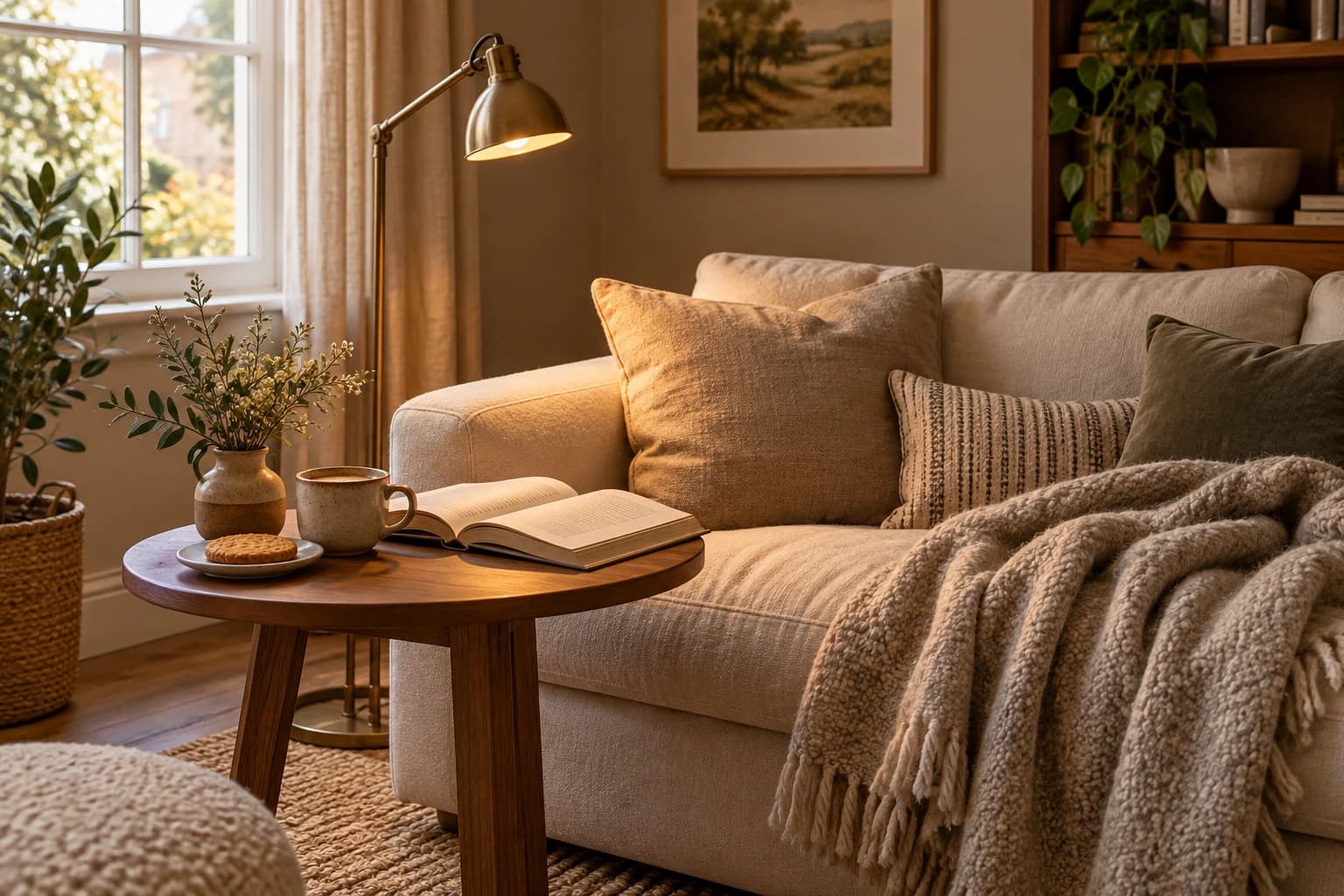 A cream sofa with cushions and a knitted blanket beside a reading lamp, a book, coffee and a biscuit.