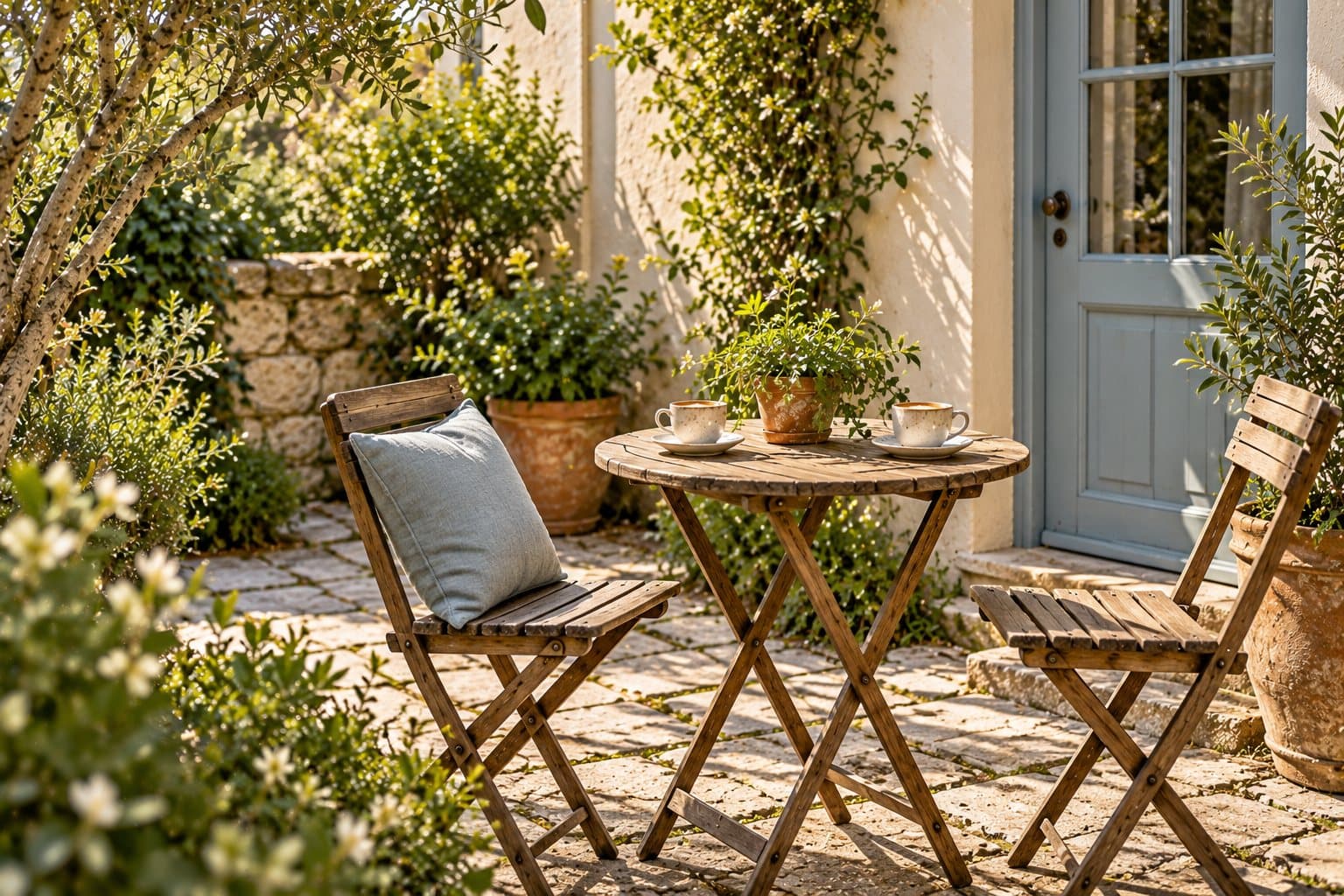 AI-created image of two wooden chairs and a small coffee table in a sheltered courtyard.