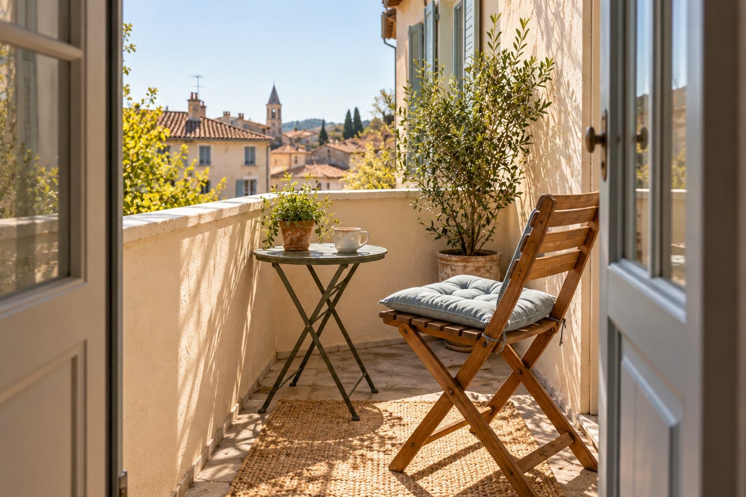 AI-created image of a small balcony coffee corner with one wooden chair, a compact side table and a pale blue cushion.