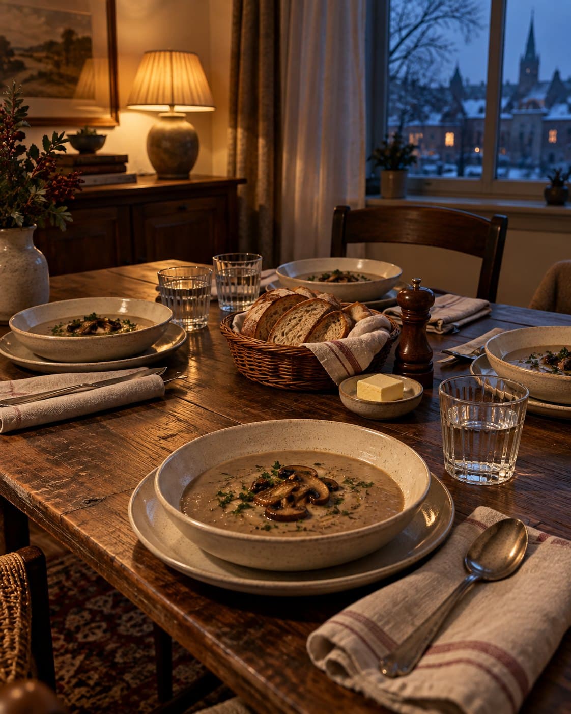 Four bowls of mushroom soup with bread and water glasses on a warmly lit winter table.