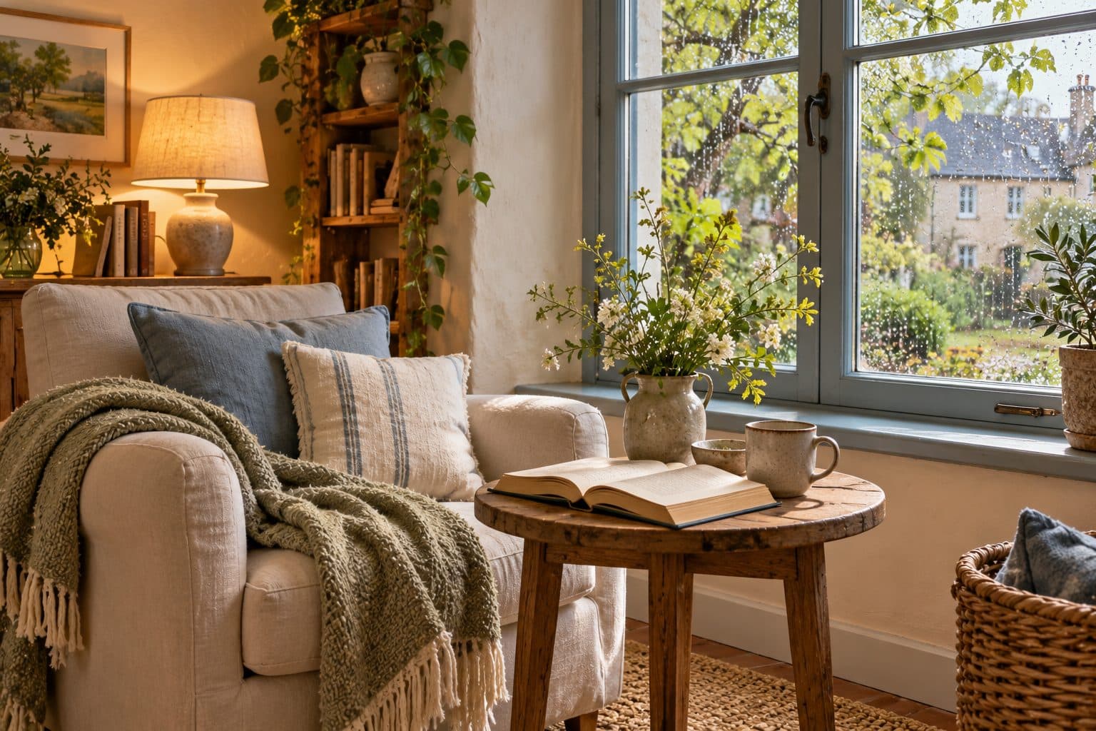 AI-created image of an open book, a mug and a warm lamp beside a rain-streaked window with green leaves outside.