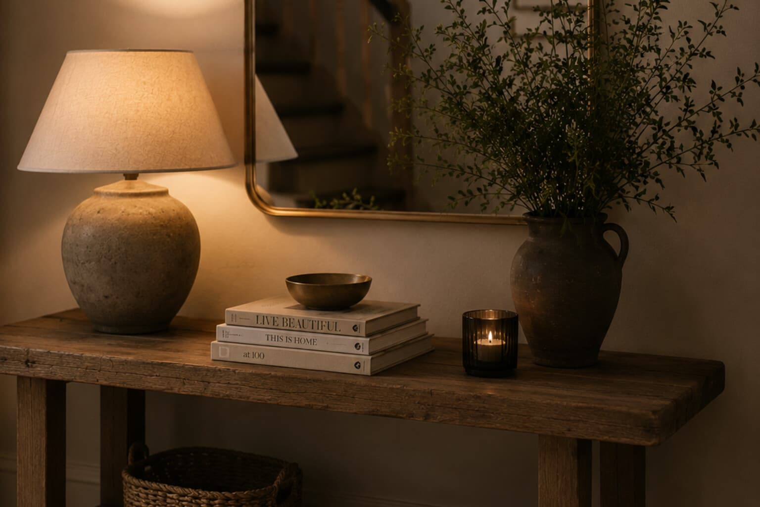 A console table styled with a lamp, a stack of books, a small bowl and a mirror above.