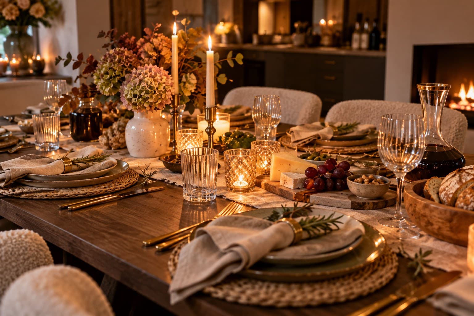 A table set for guests, mid-preparation for a dinner at home.