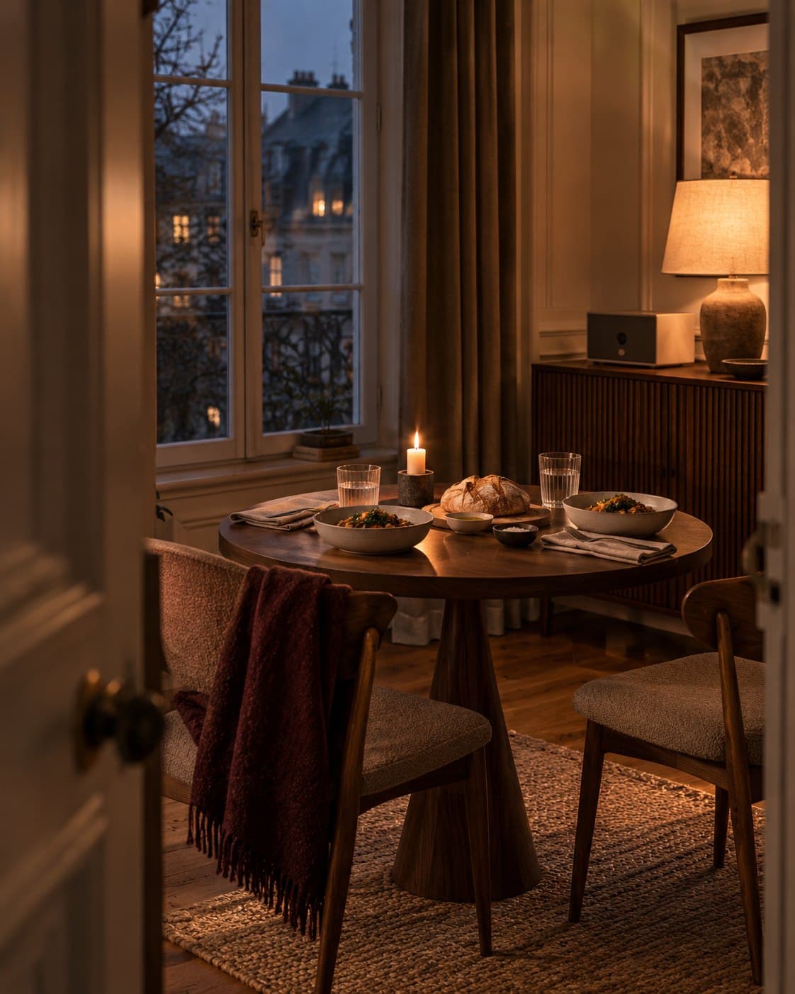 A small table set for two with bowls, bread and candlelight beside a winter window.