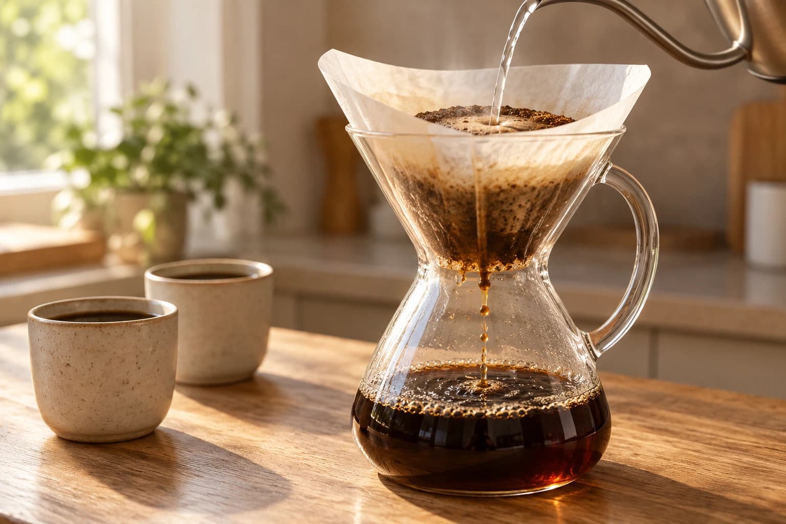 Water pouring over coffee grounds in a white filter inside a glass pour-over coffeemaker, with small cups nearby.