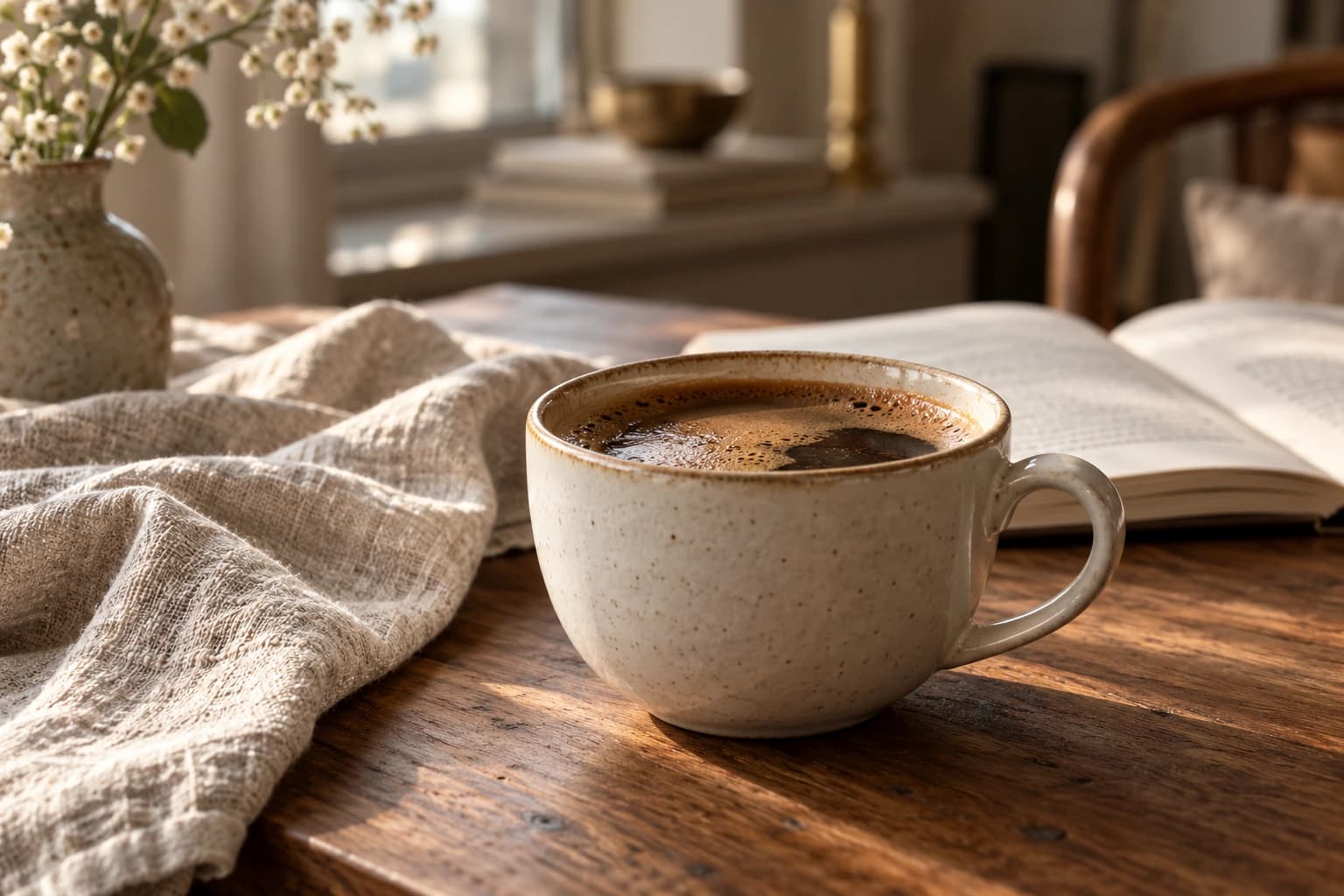 A cream ceramic coffee cup on a wooden table in soft window light.