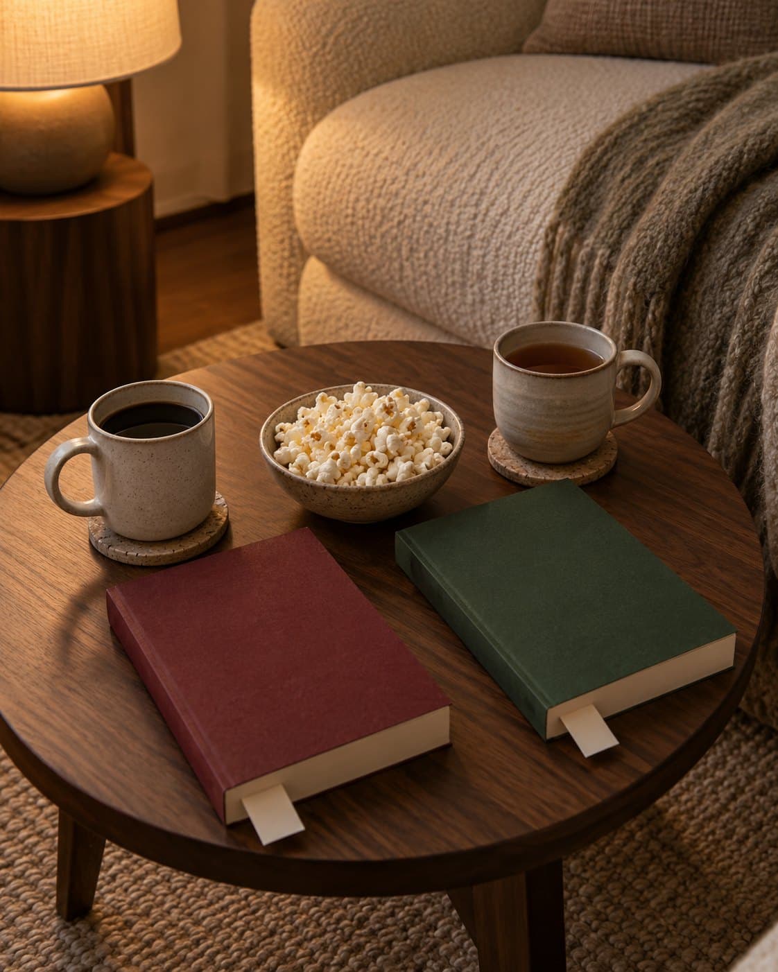 Two books with bookmarks beside coffee, tea and a small bowl of popcorn on a walnut table.