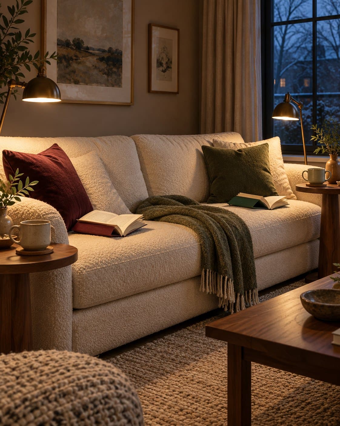 Two different open books on an ivory sofa, with reading lamps and cups at either end on a winter evening.