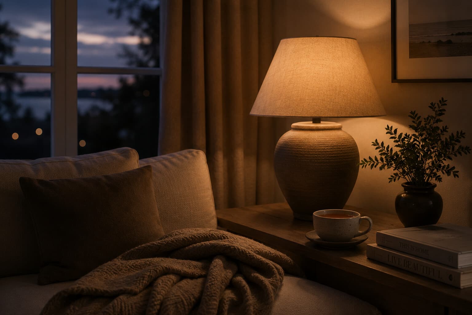 A lamp switched on at dusk beside a cup of tea and a folded blanket in a quiet living room.