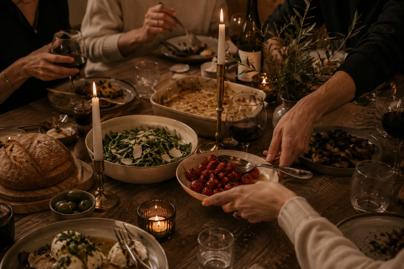 A relaxed dinner table mid-gathering, with guests’ hands reaching for shared dishes.
