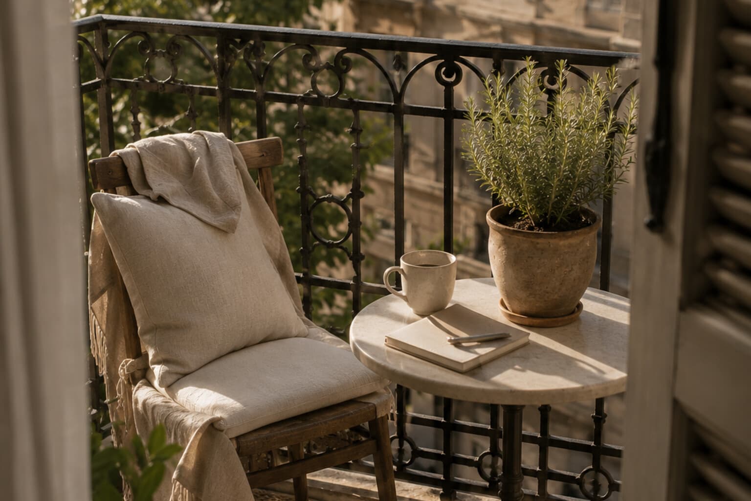 A small balcony with a single chair, a side table and a pot of rosemary in morning light.