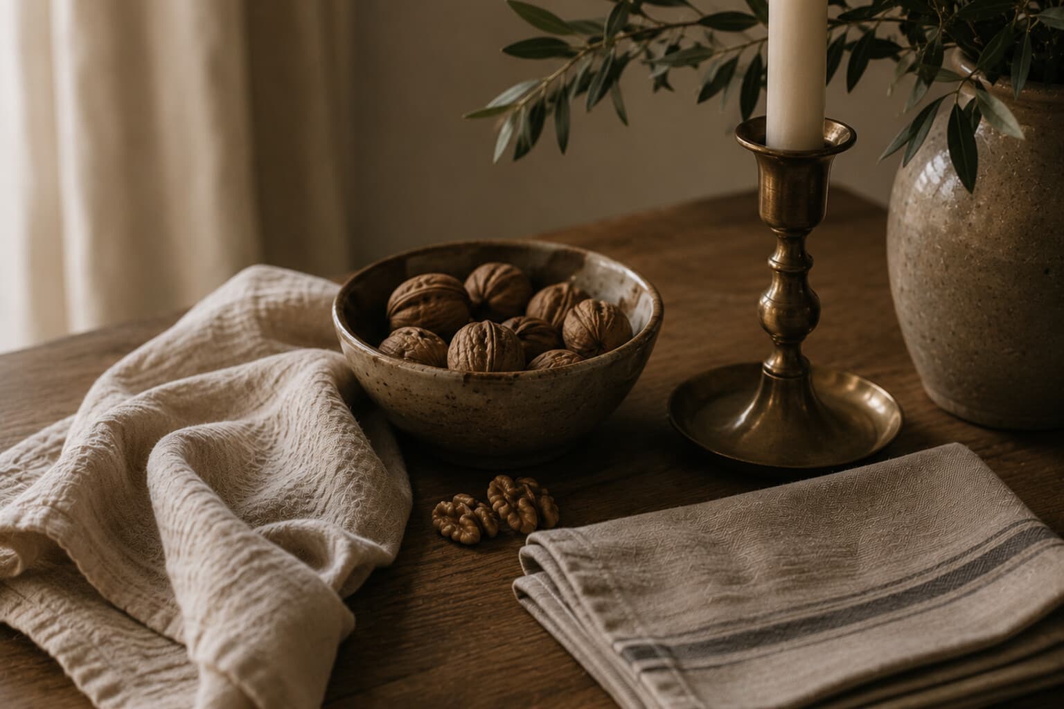 A soft cloth resting beside a walnut bowl, a brass candlestick and a folded linen napkin.