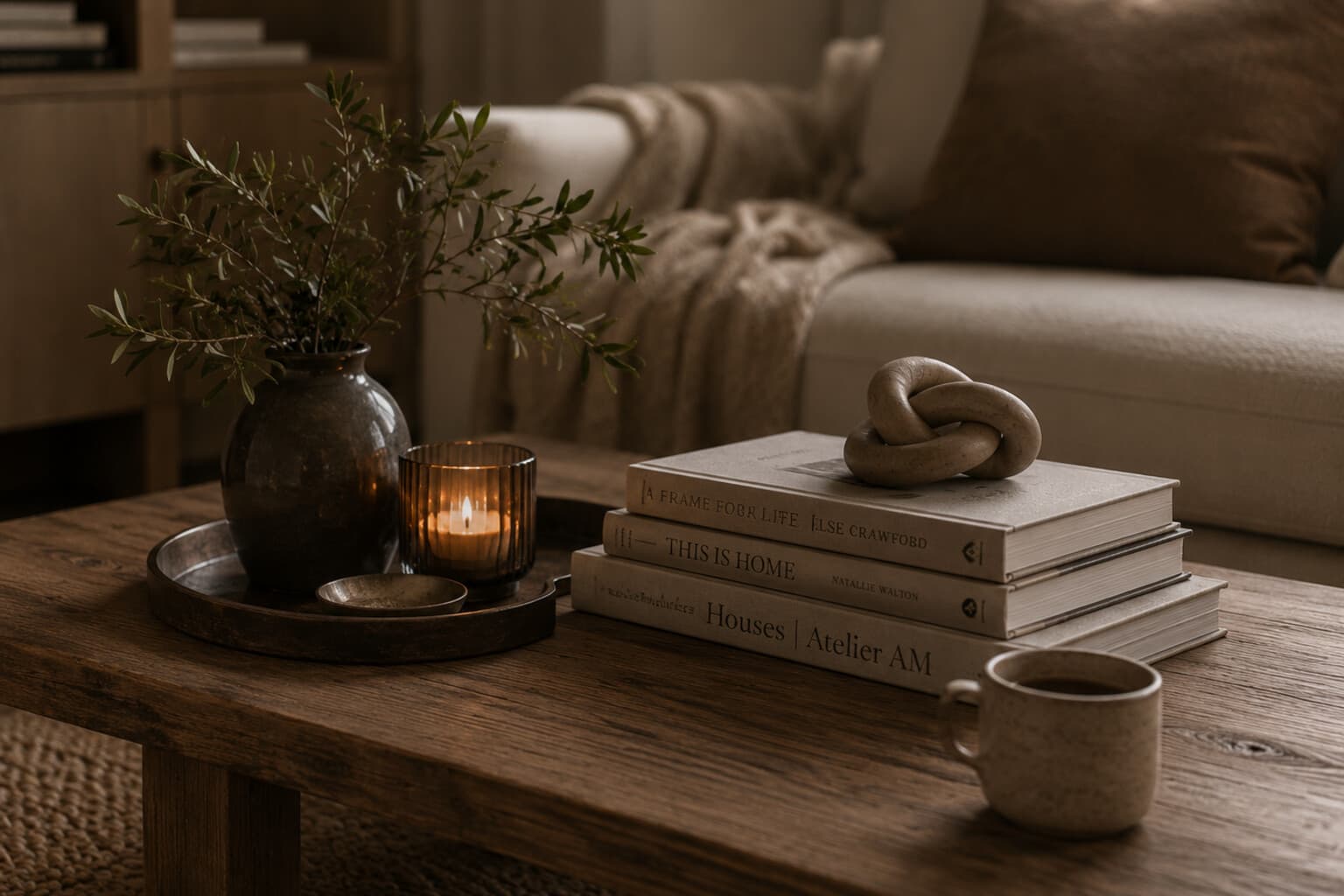 A coffee table styled with a tray, a small stack of books and one sculptural object, with a cup nearby.