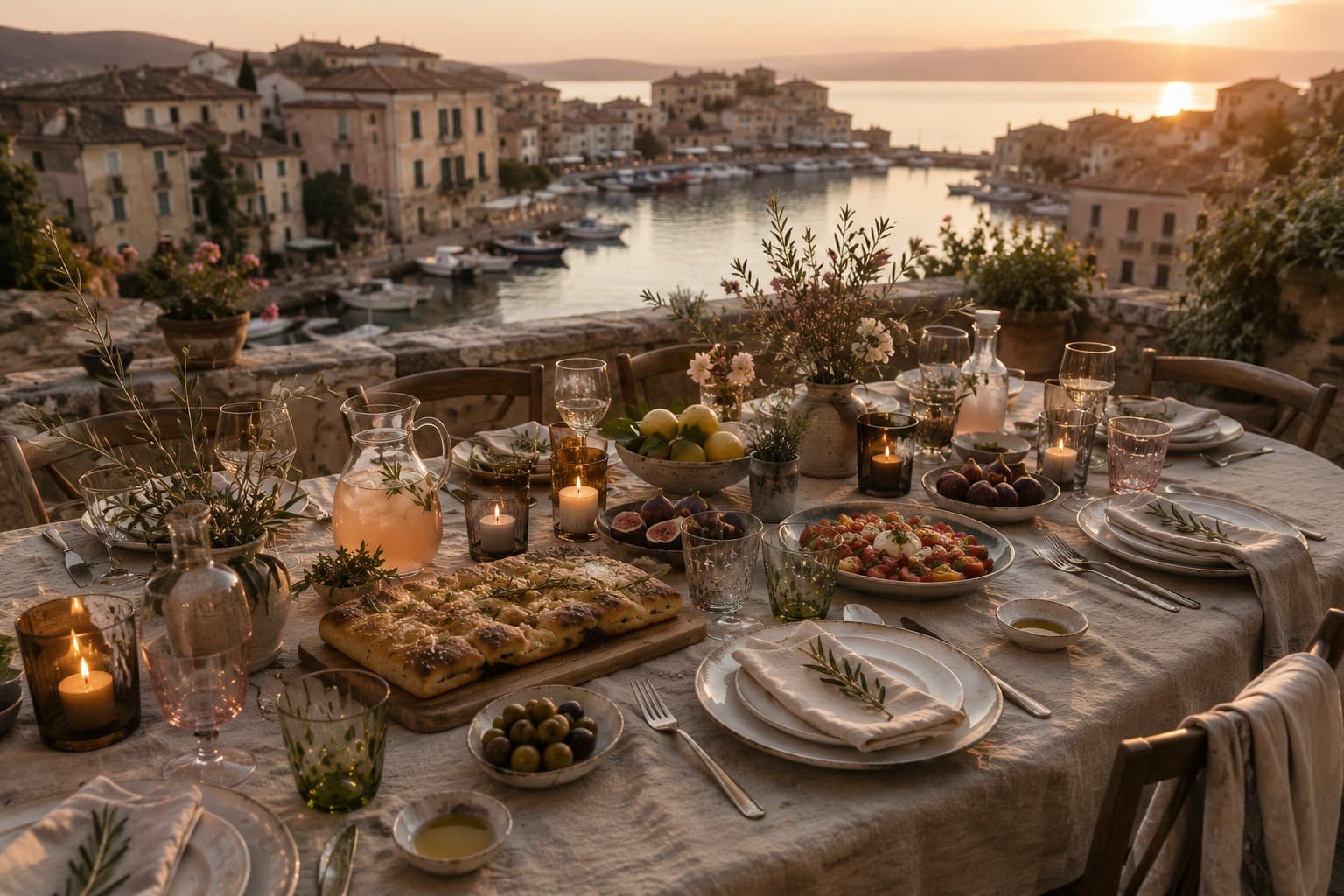 A relaxed late-summer table with warm linen, focaccia, tomatoes, figs, olives and artisan glassware overlooking the harbour of Cortelume at golden hour.