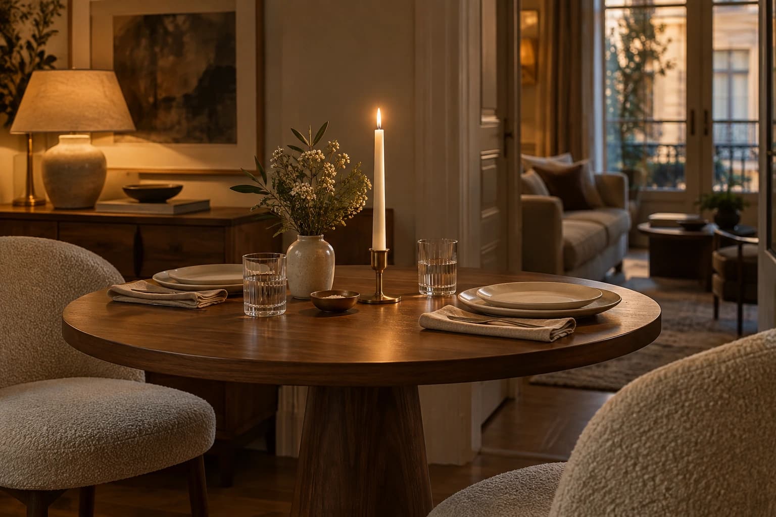 A small table set for two with linen napkins and one lit candle.