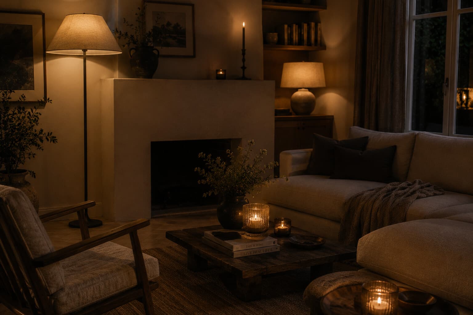 A softly lit living room in the evening with a floor lamp, a table lamp and candlelight at different heights.