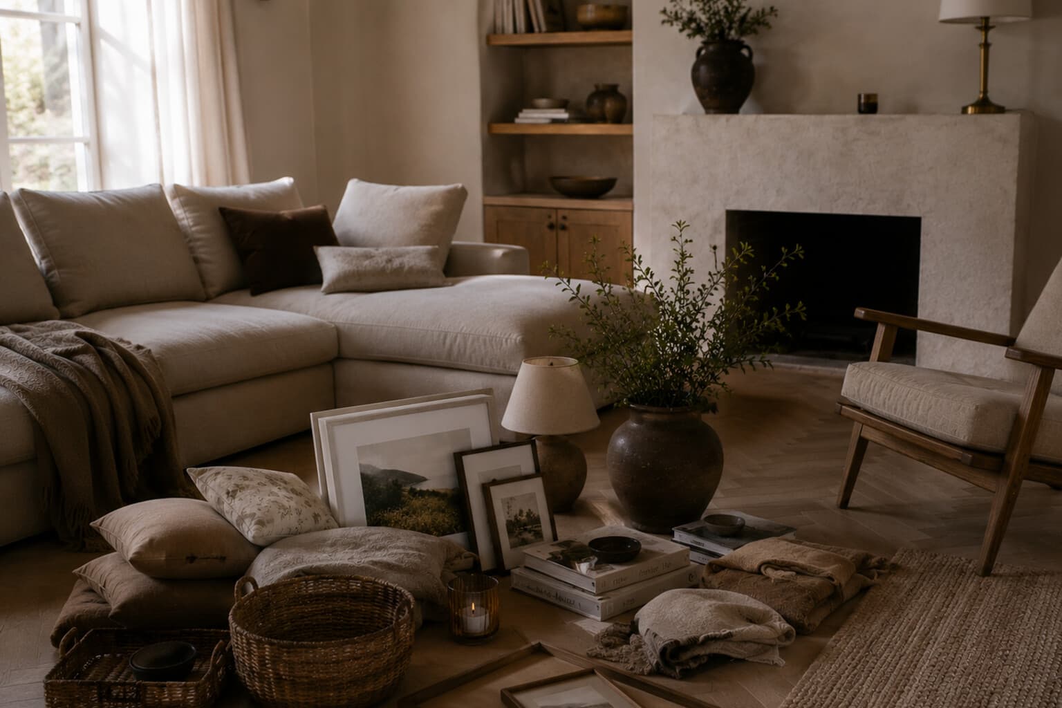 A living room mid-reset, with furniture and accessories gathered on the floor before being restyled.