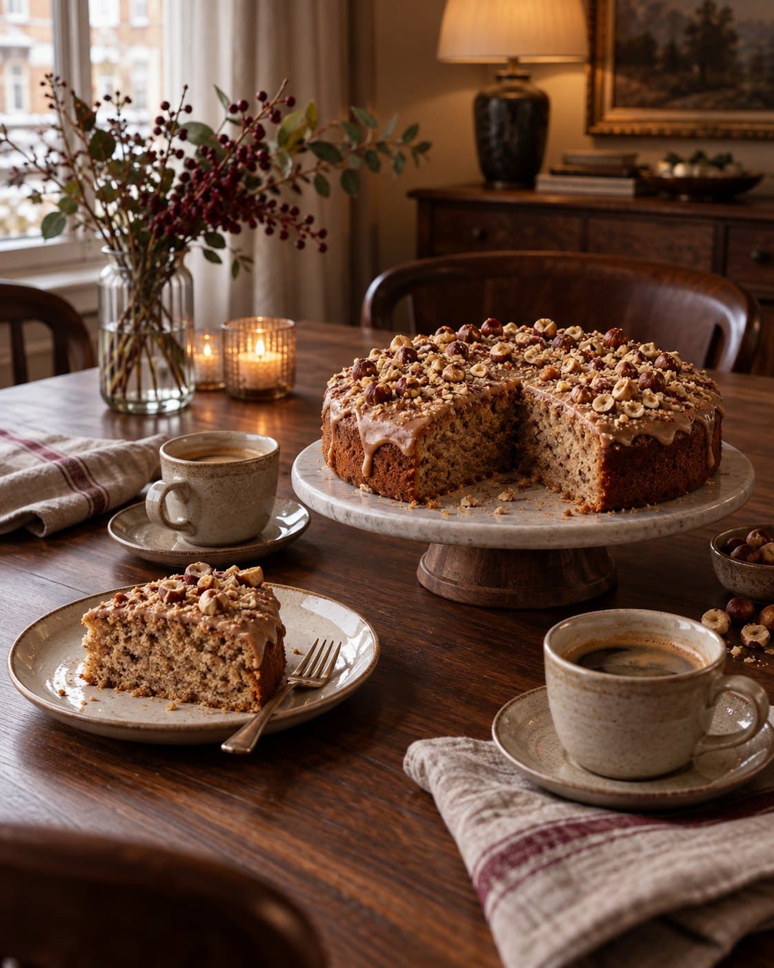 A sliced hazelnut cake with coffee-coloured glaze and two cups of coffee on a wooden table.
